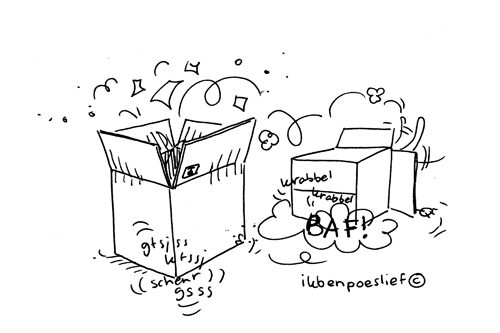 Poeslief ‘helpt’ met verhuisdozen inpakken